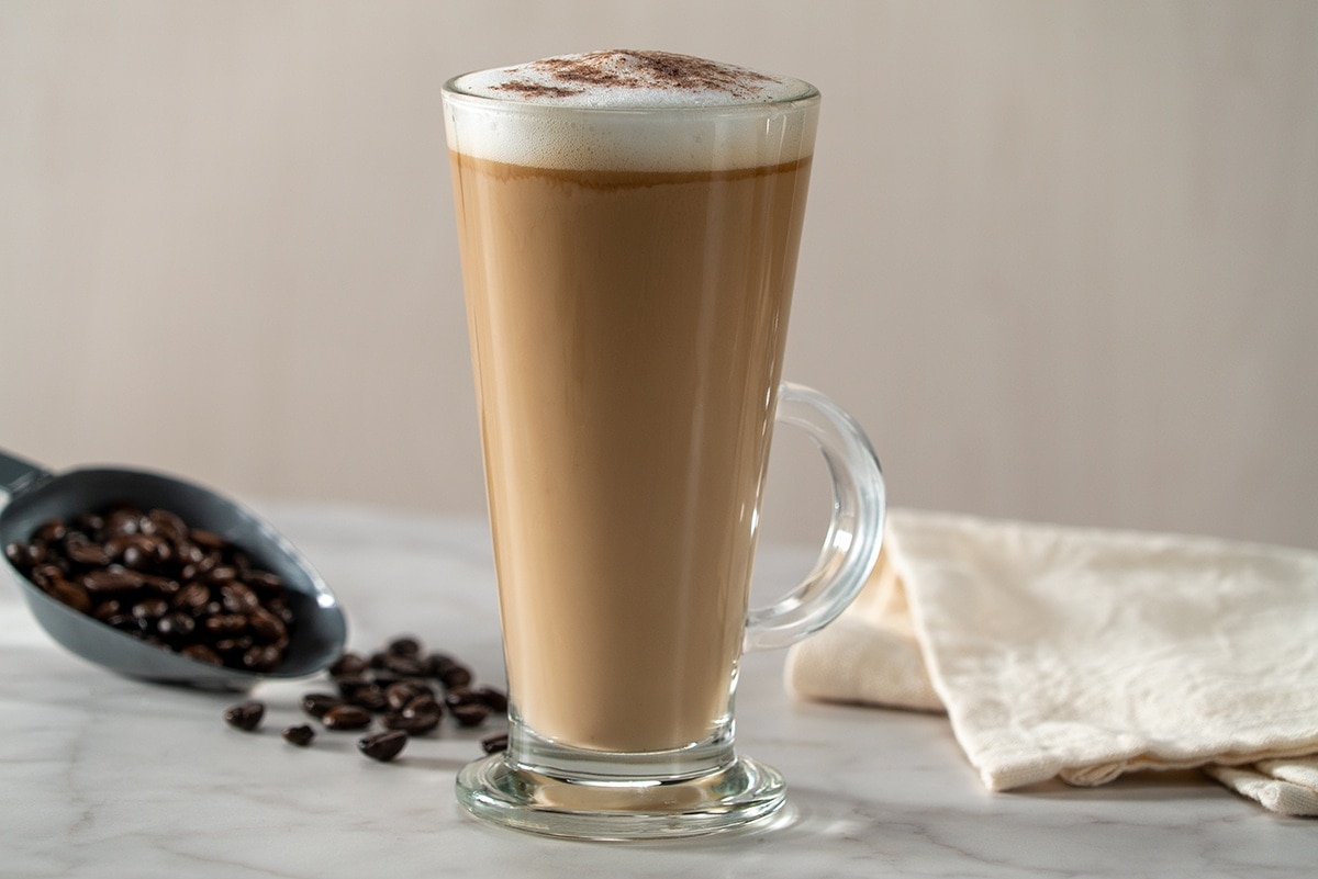 Hazelnut and caramel-flavoured latte