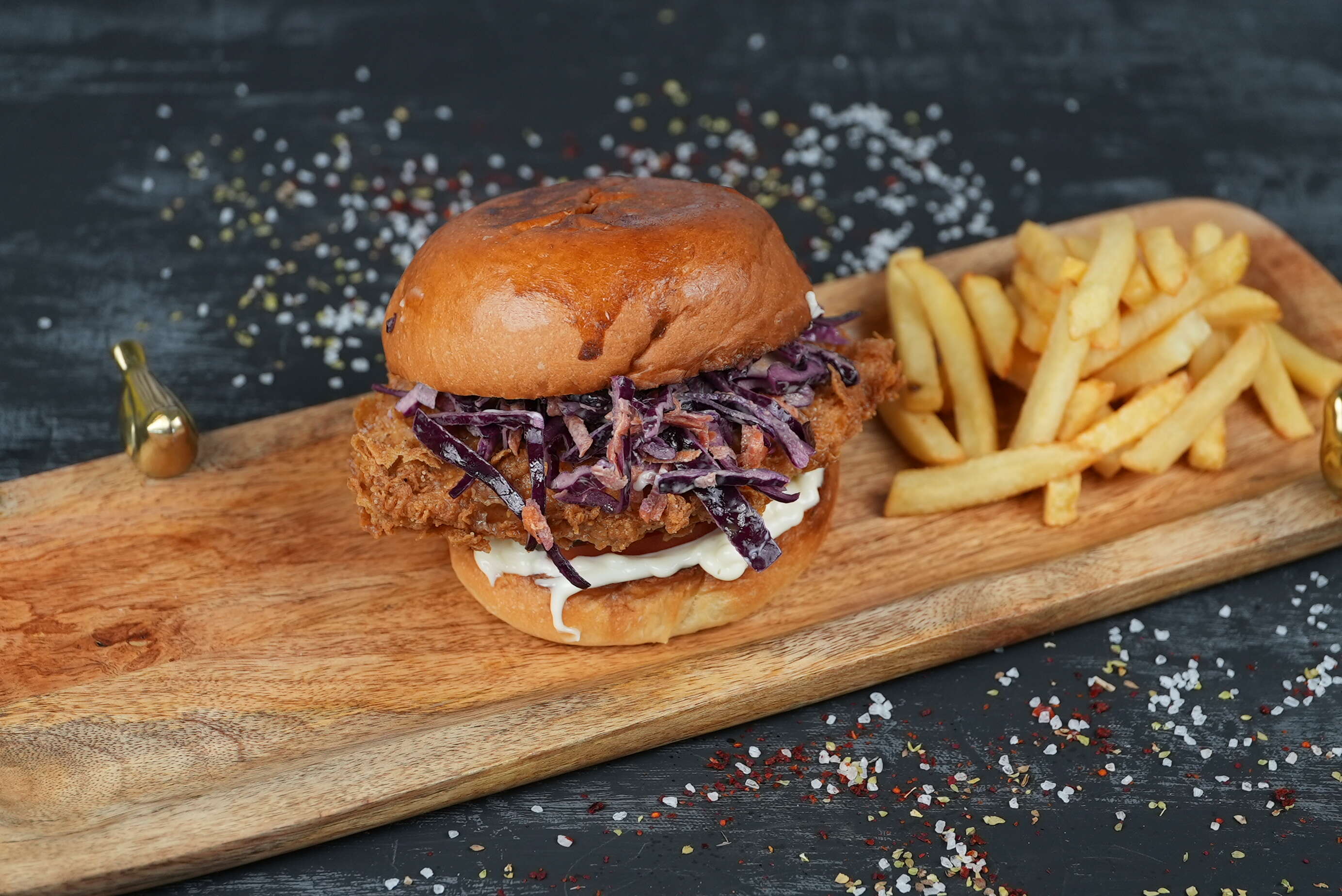 Chicken burger with fries