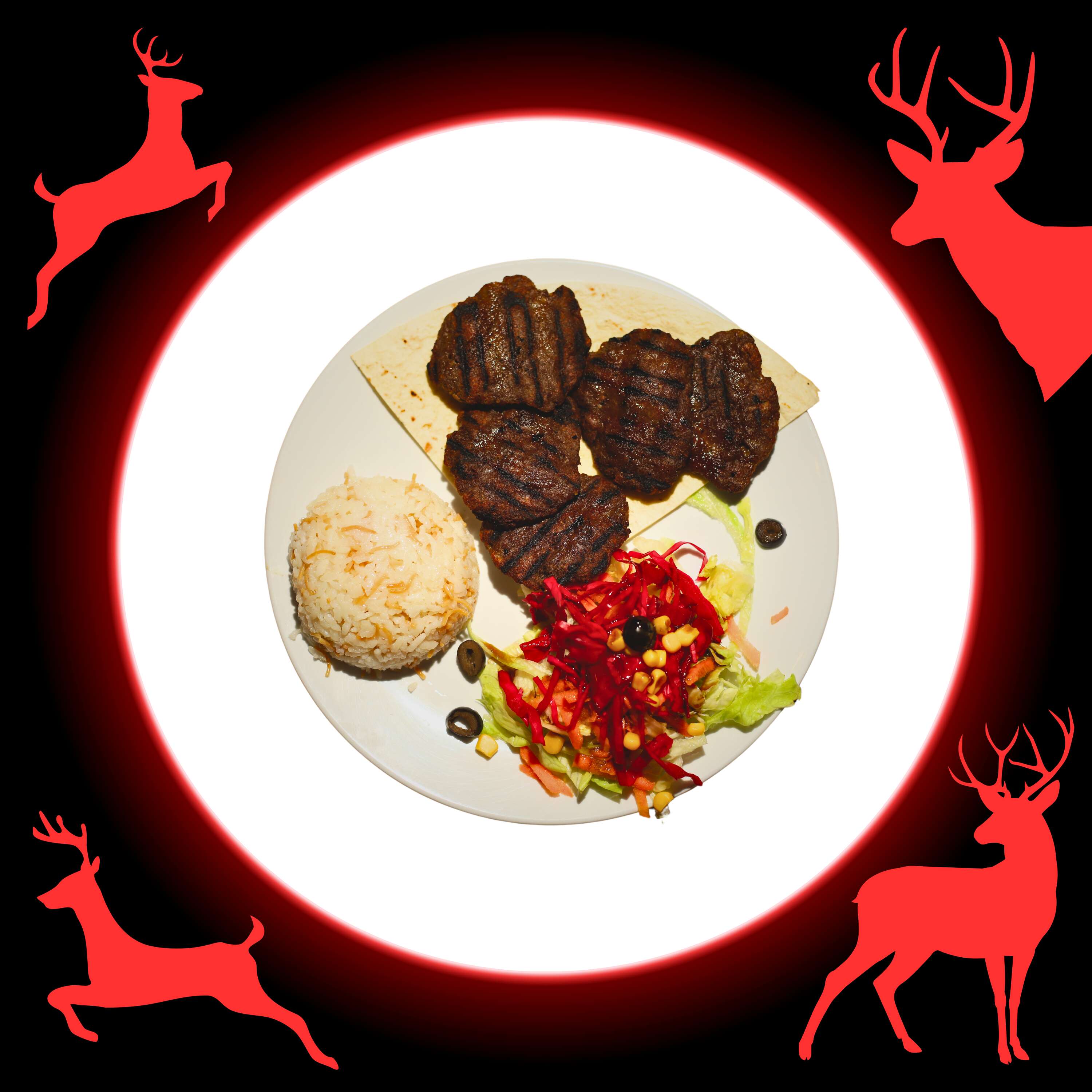 Grilled köfte with rice and salad