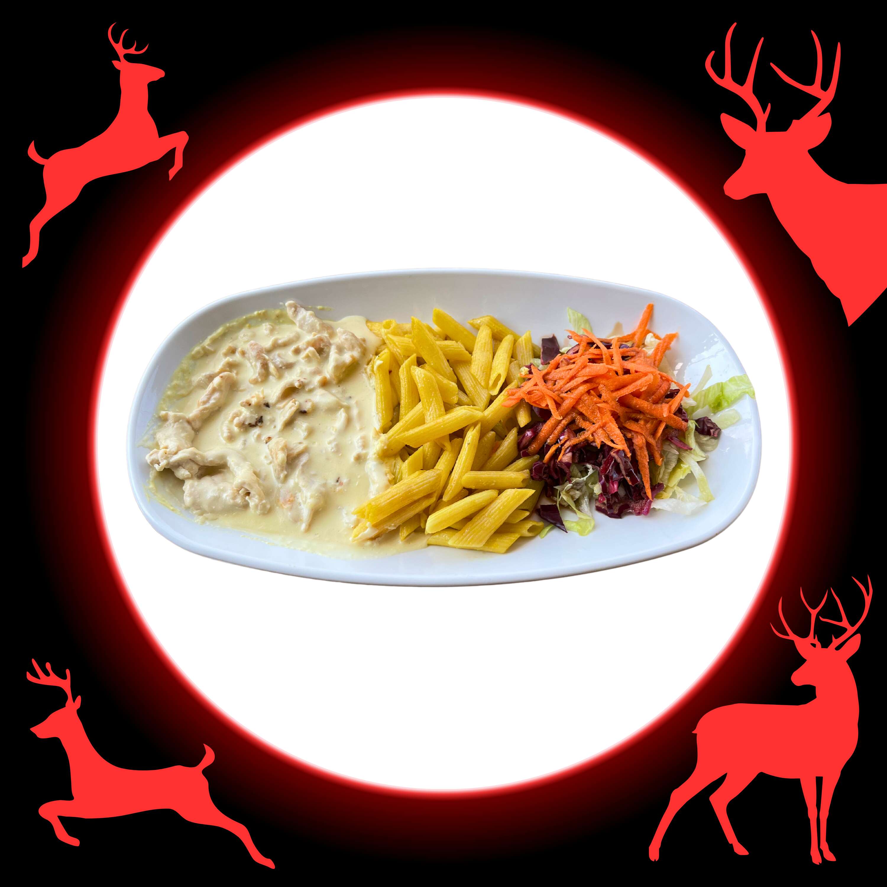 Chicken with mozzarella sauce, served with pasta and salad