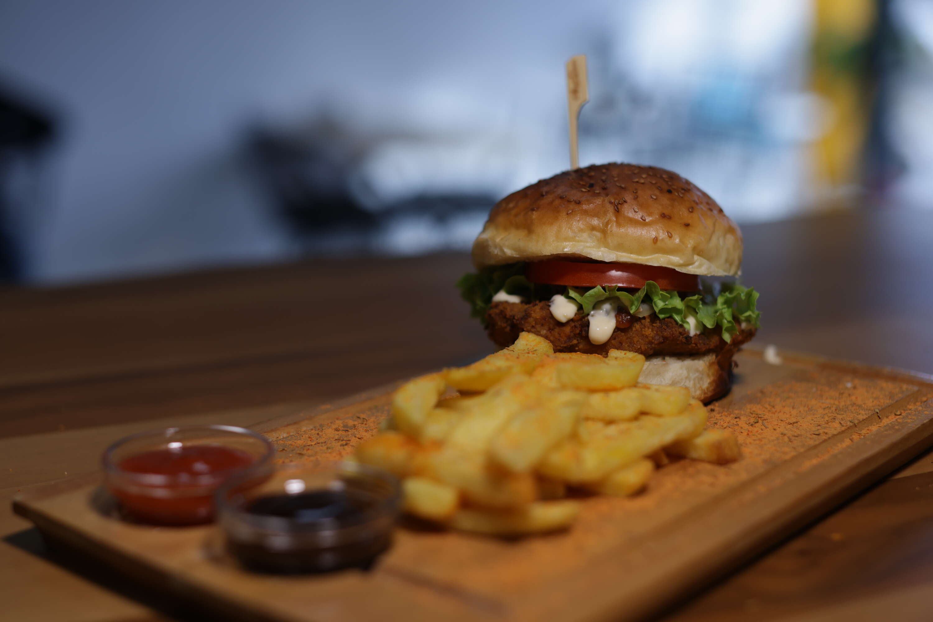 Chicken burger with seasoned fries