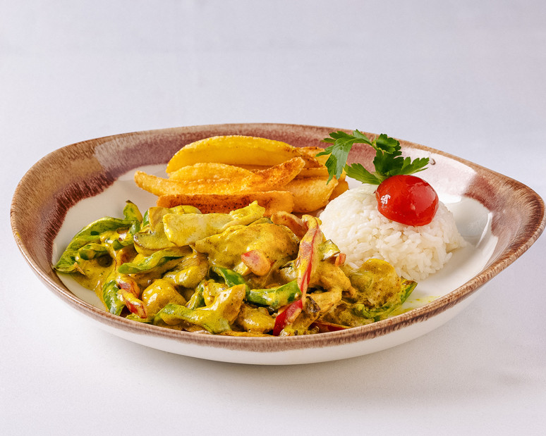 Curry sauce chicken with rice and fries