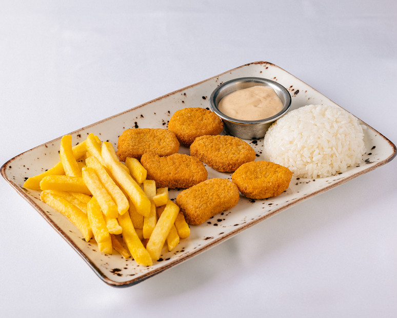 Kids' nuggets with rice pilaf and fries
