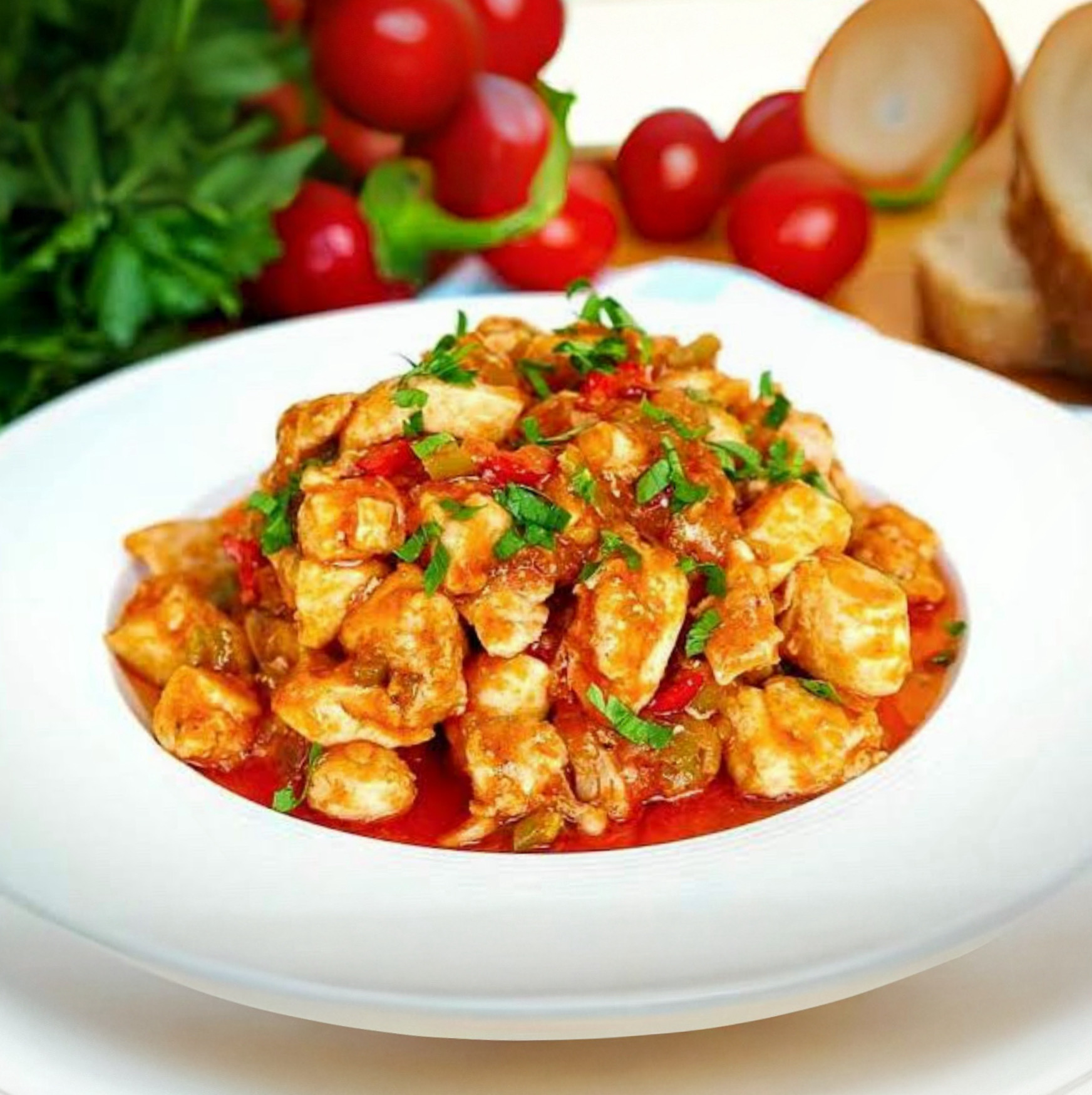 Chicken sauté with French fries and seasonal salad