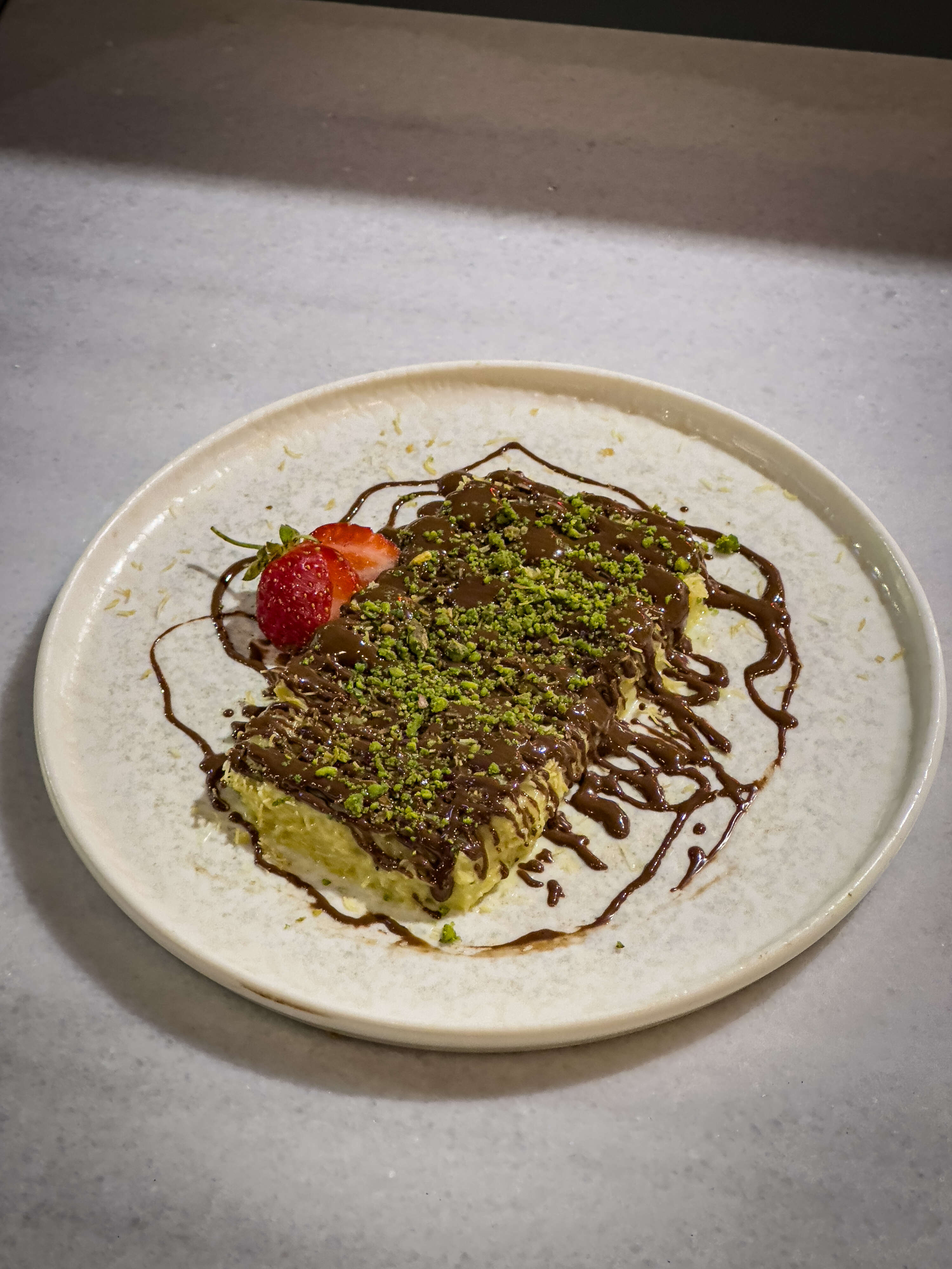 Dubai pistachio muhallebi, syrup-soaked kadayıf and Belgian chocolate