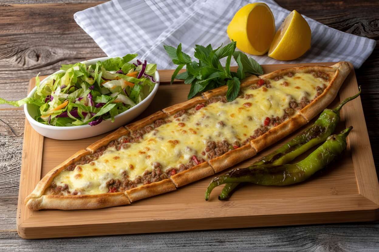 1.5-portion pide with diced meat and kaşar cheese