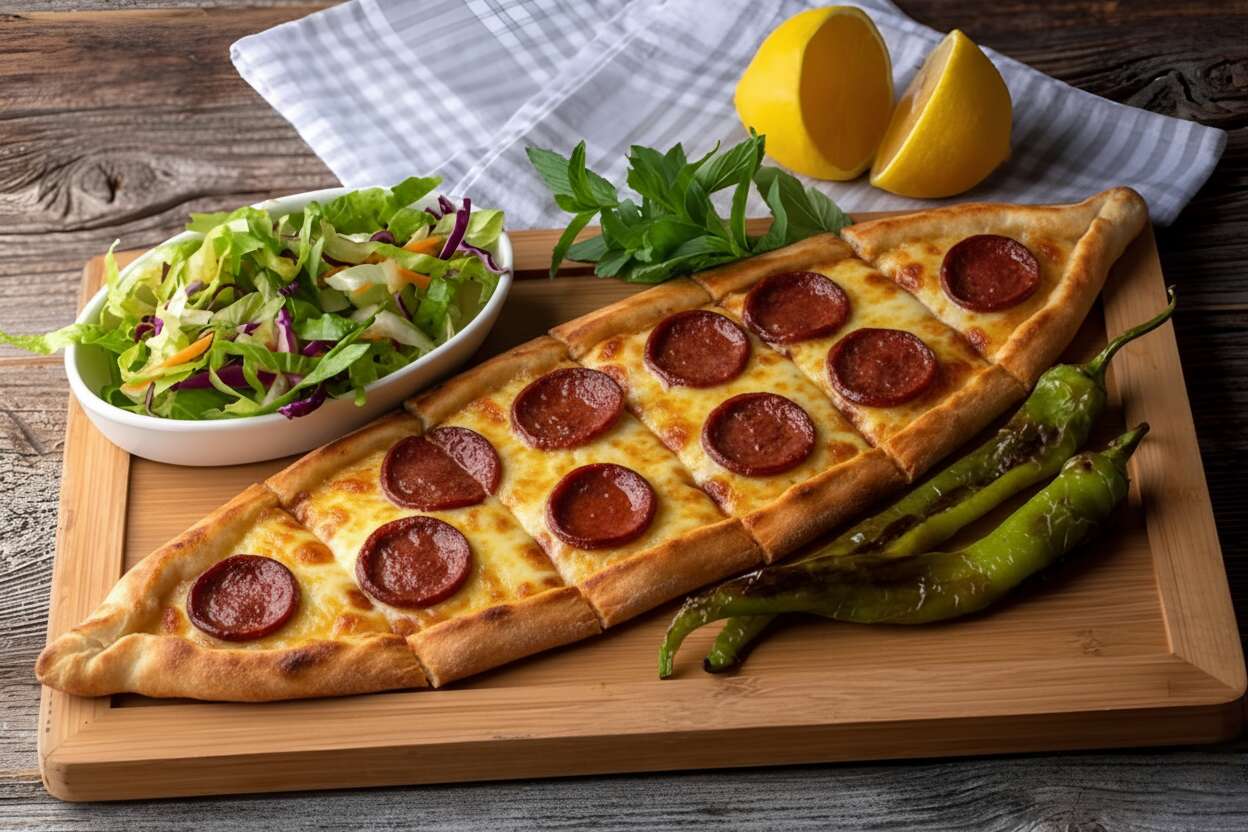 Sucuk and kaşar cheese pide (1.5 portions)