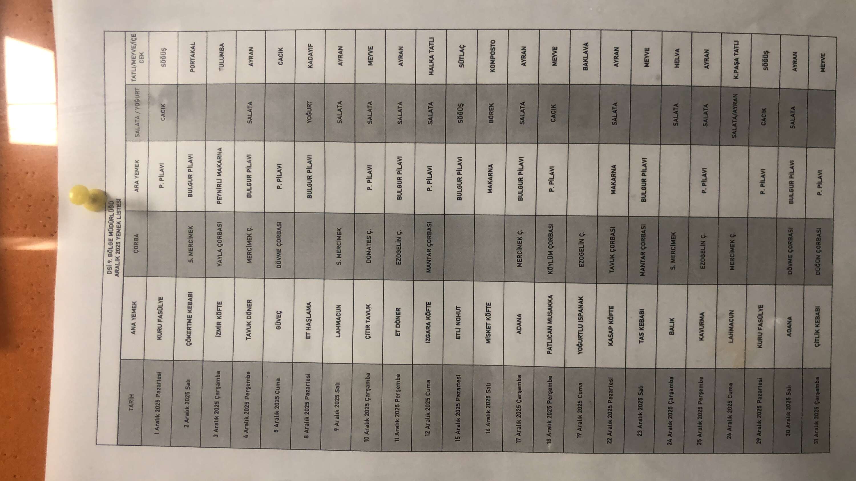 Aylık öğlen yemek listesi