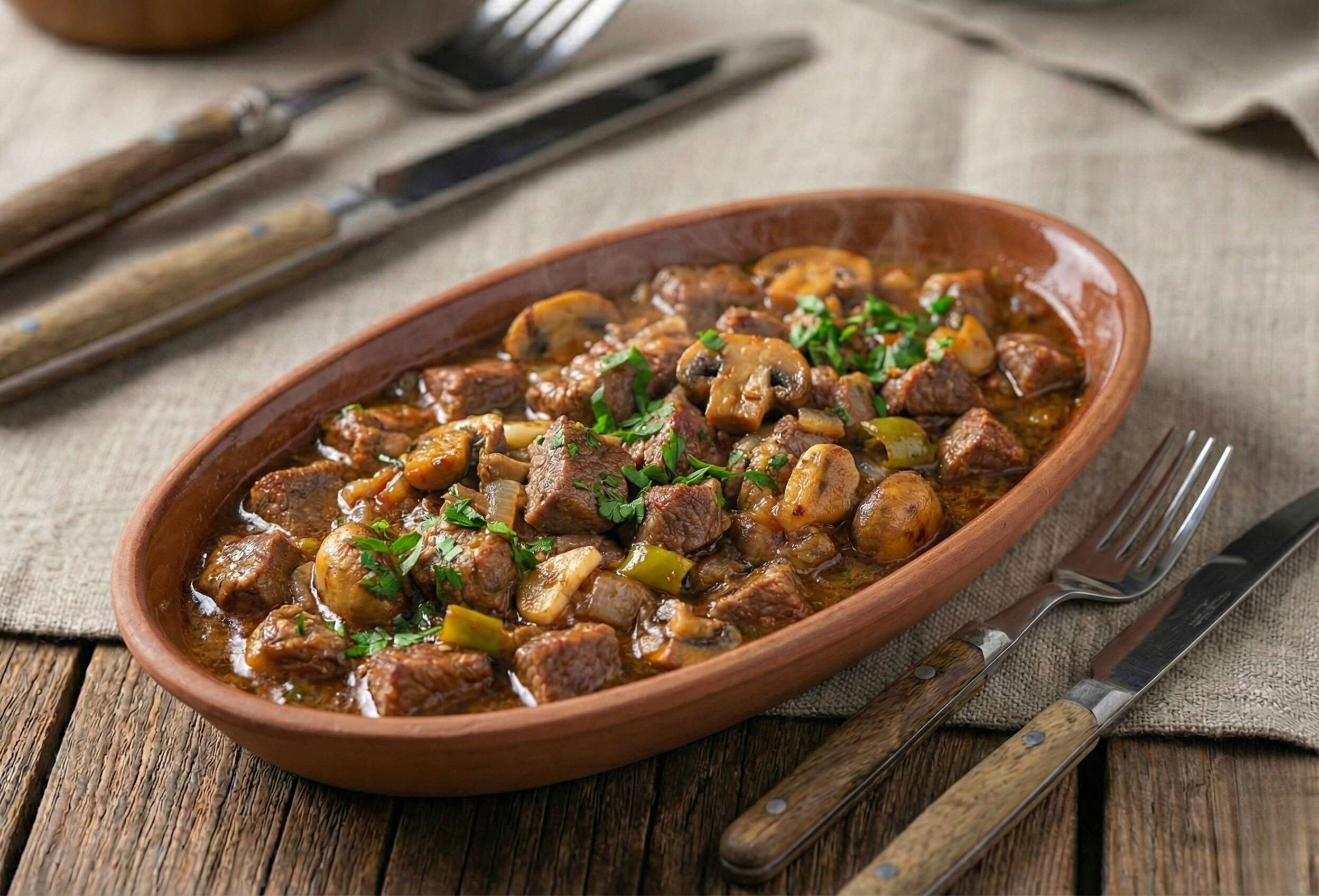Casserole beef sauté with mushrooms