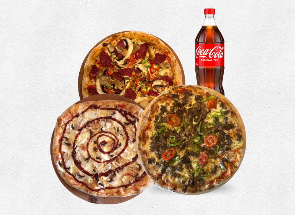 3 PİZZA + LİTRELİK İÇECEK 