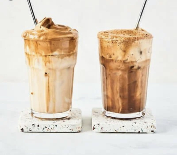 Frappe with caramel, banana, vanilla, chocolate and white chocolate