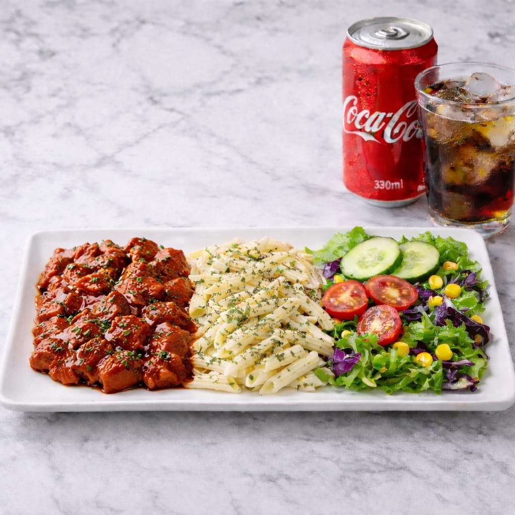 MENÜ3-BARBEKÜ SOSLU TAVUK+KREMALI MAKARNA+SALATA