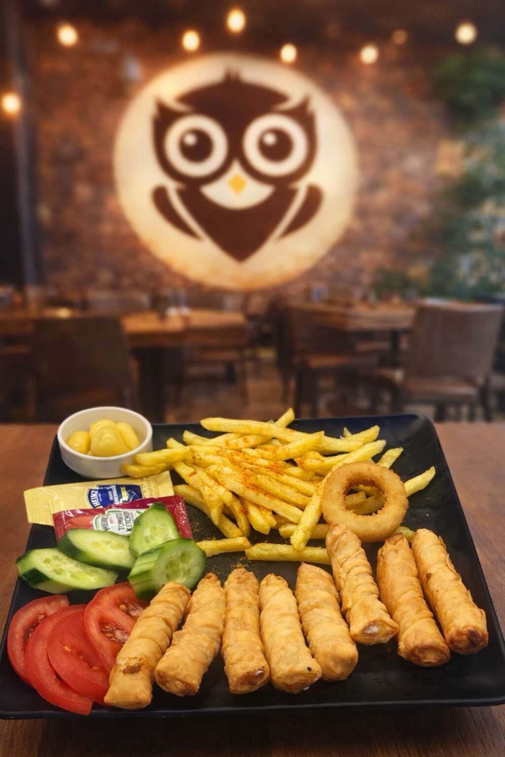 8 cheese-filled sigara böreği, potato chips, onion rings, tomato, and cucumber
