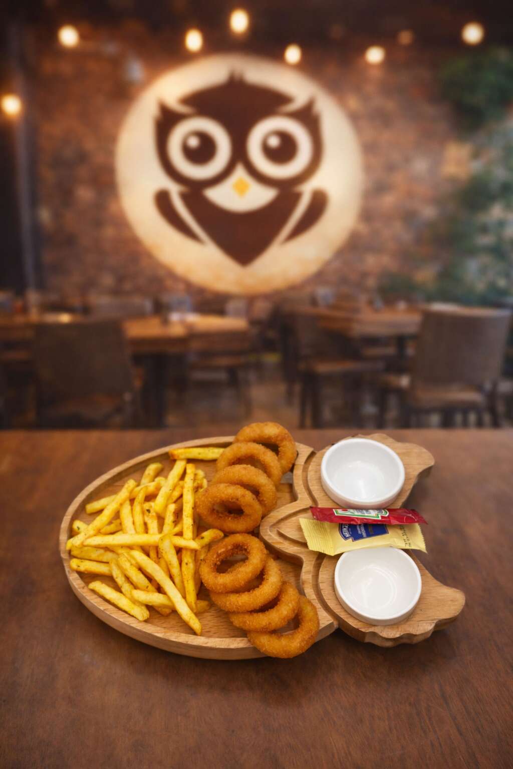 Onion rings with special breading, chili sauce and potato chips
