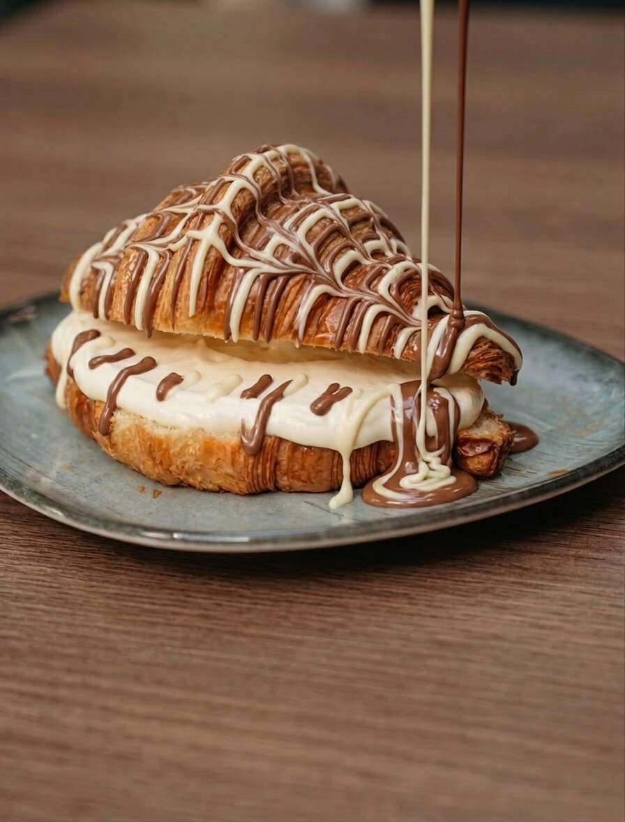 Croissant with cream, milk chocolate, dark chocolate, white chocolate, and hazelnut