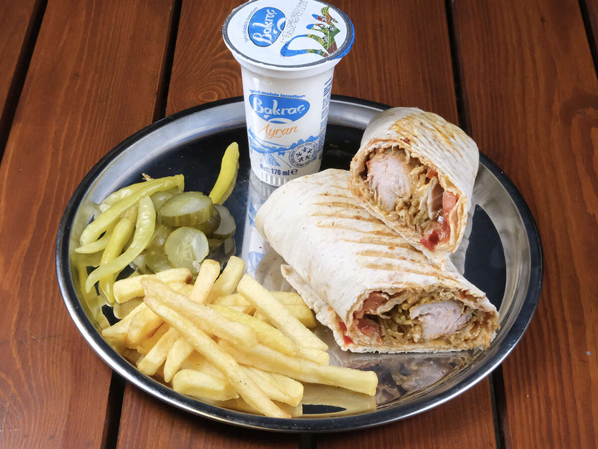 Sauced Chicken Wrap, Ayran and French Fries