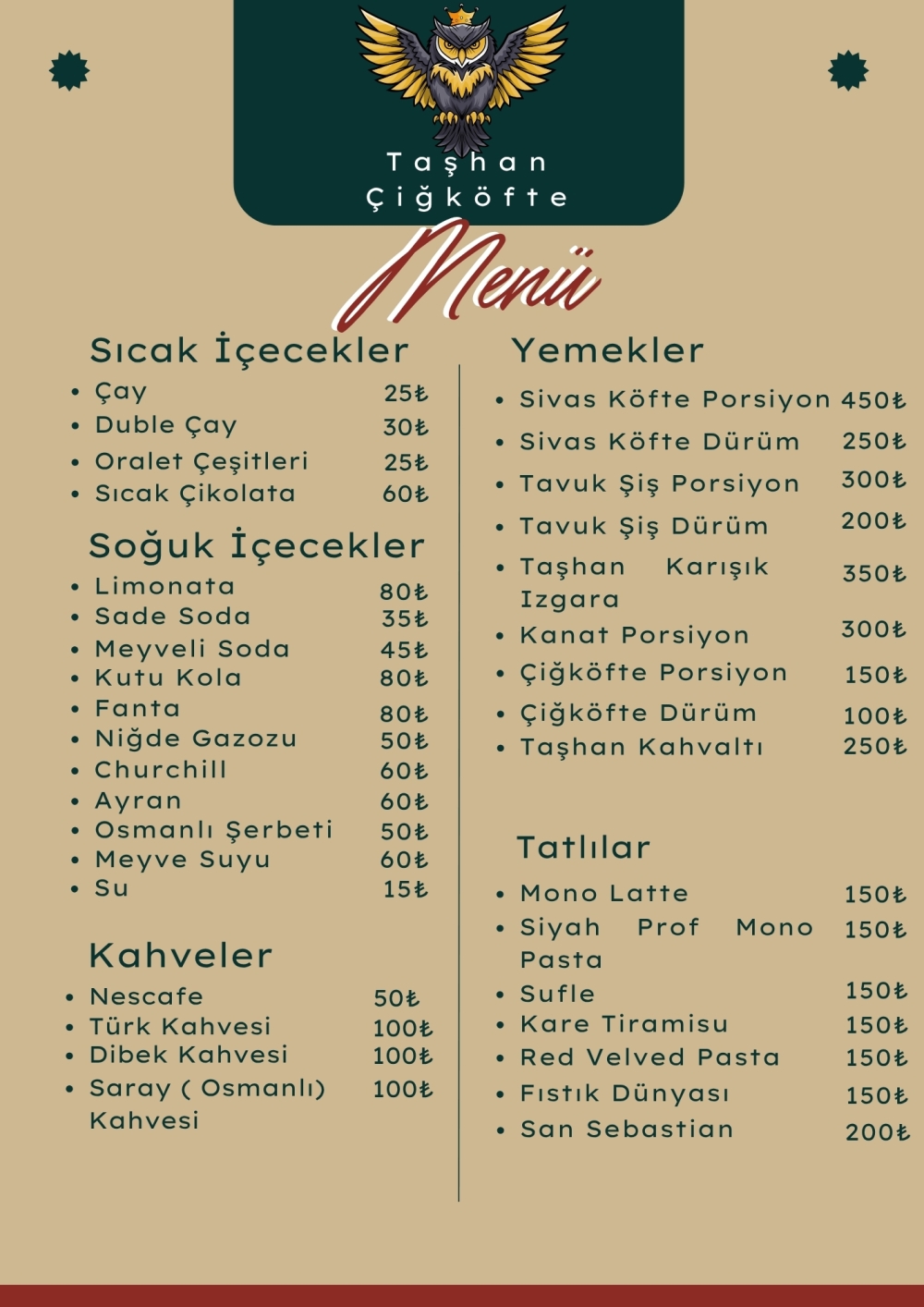 Taşhan Çiğköfte Menü