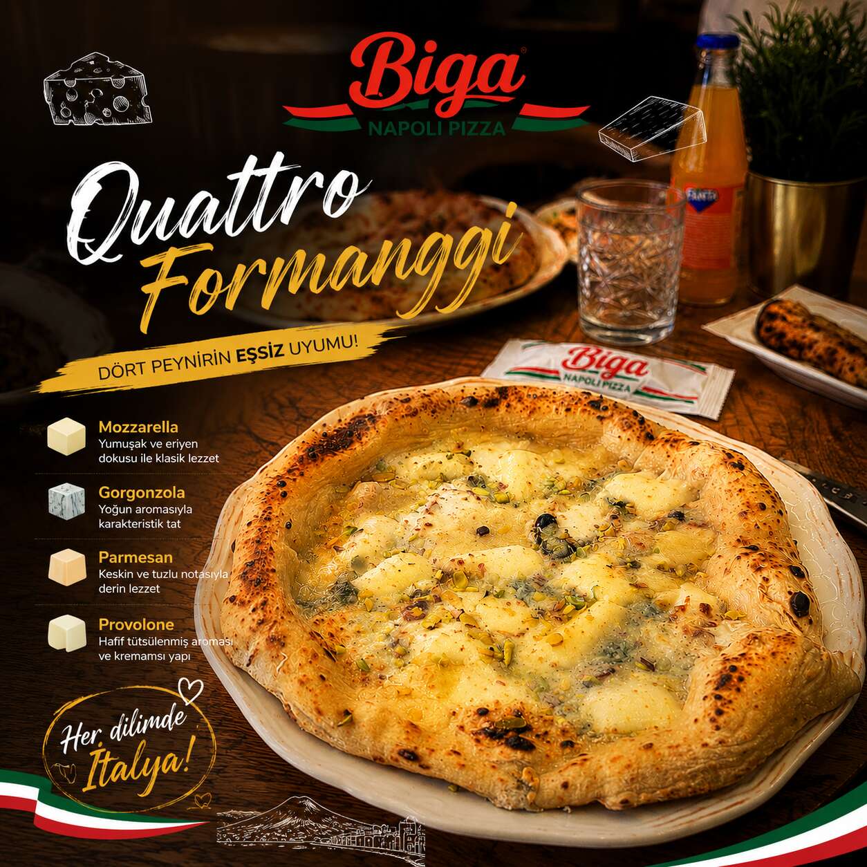 Quattro Formaggi Pizza with Pistachio