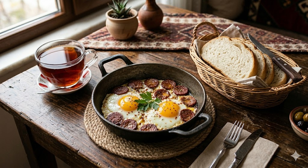 Sahanda sucuklu yumurta , Fried eggs with sausage ,Яичница с колбасой