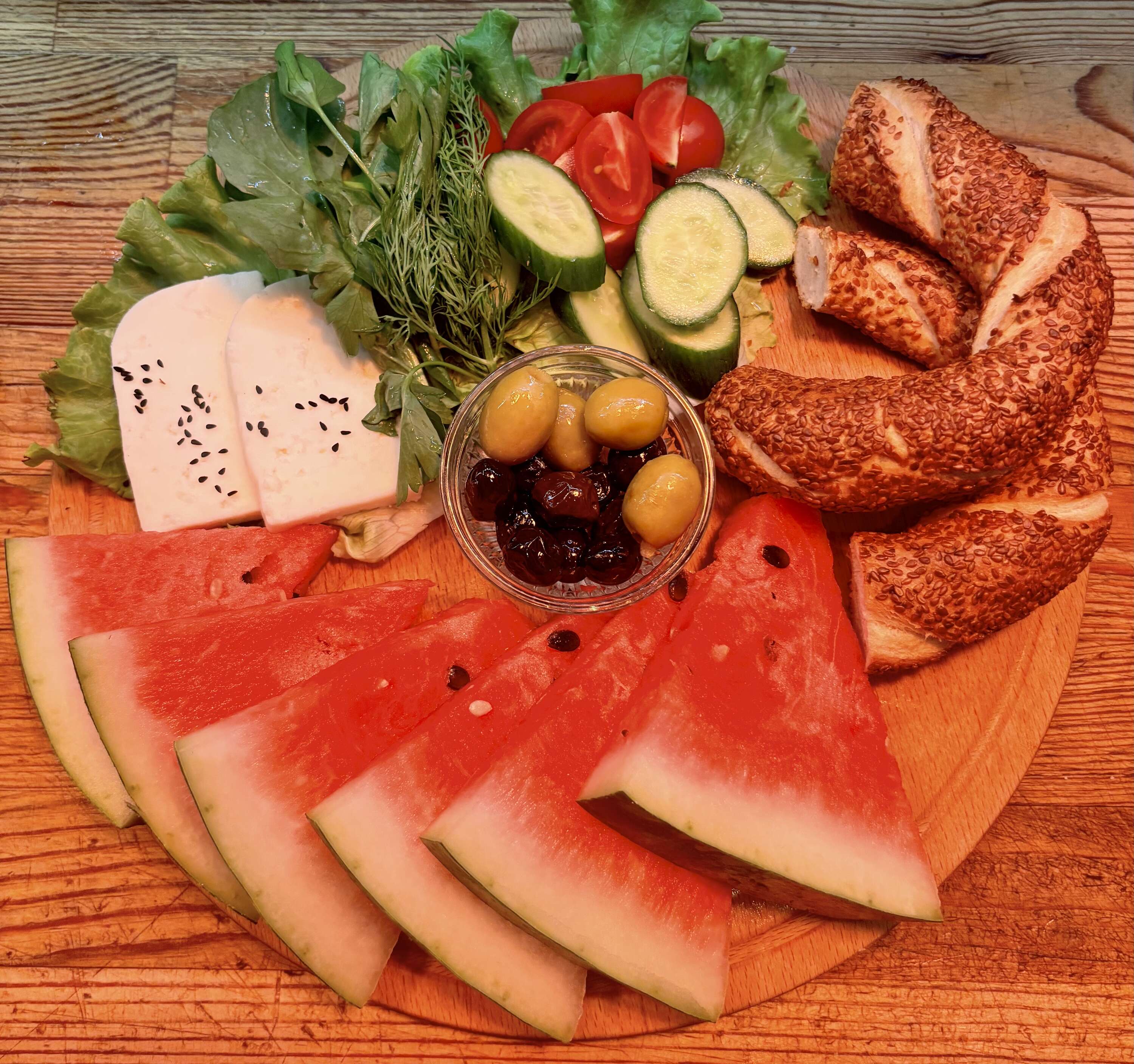 Watermelon and simit breakfast plate