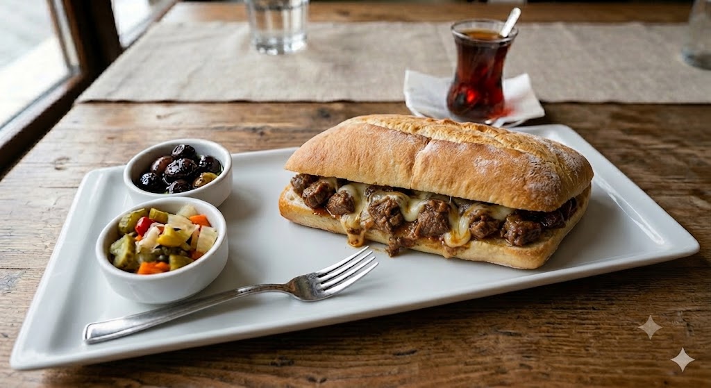 Kavurmalı, kaşarlı tost , Toast with roasted meat and cheese  ,Тост с жареным мясом и сыром, 