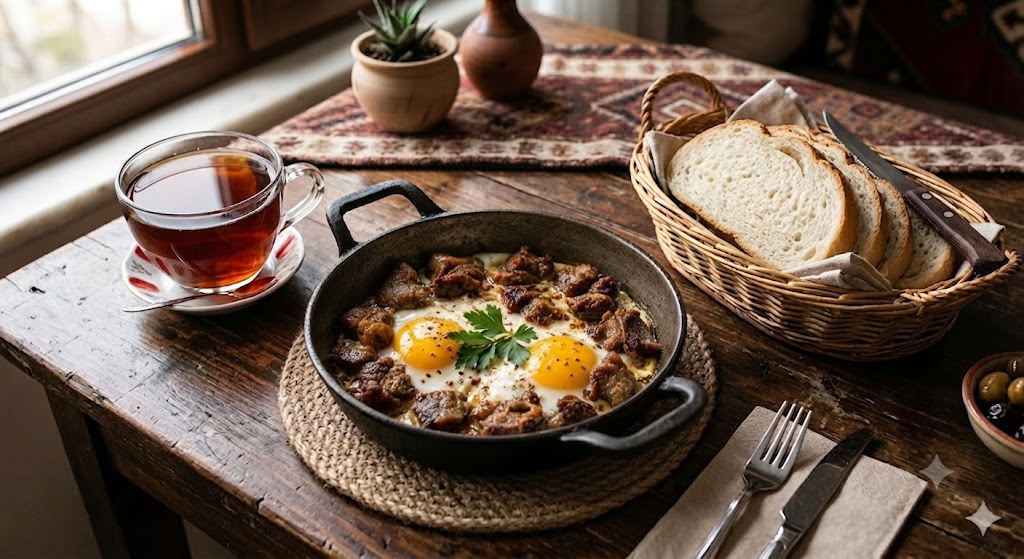Sahanda kavurmalı yumurta ,Fried eggs with sautéed meat , Яичница-глазунья с жареным мясом