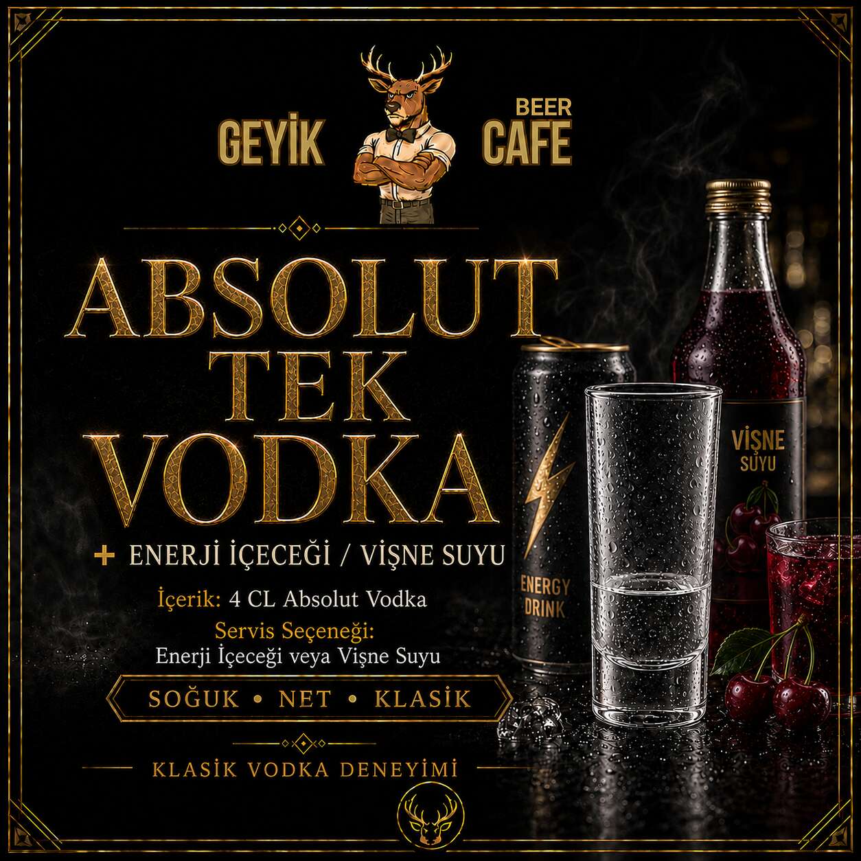 Absolut single vodka + energy drink or sour cherry