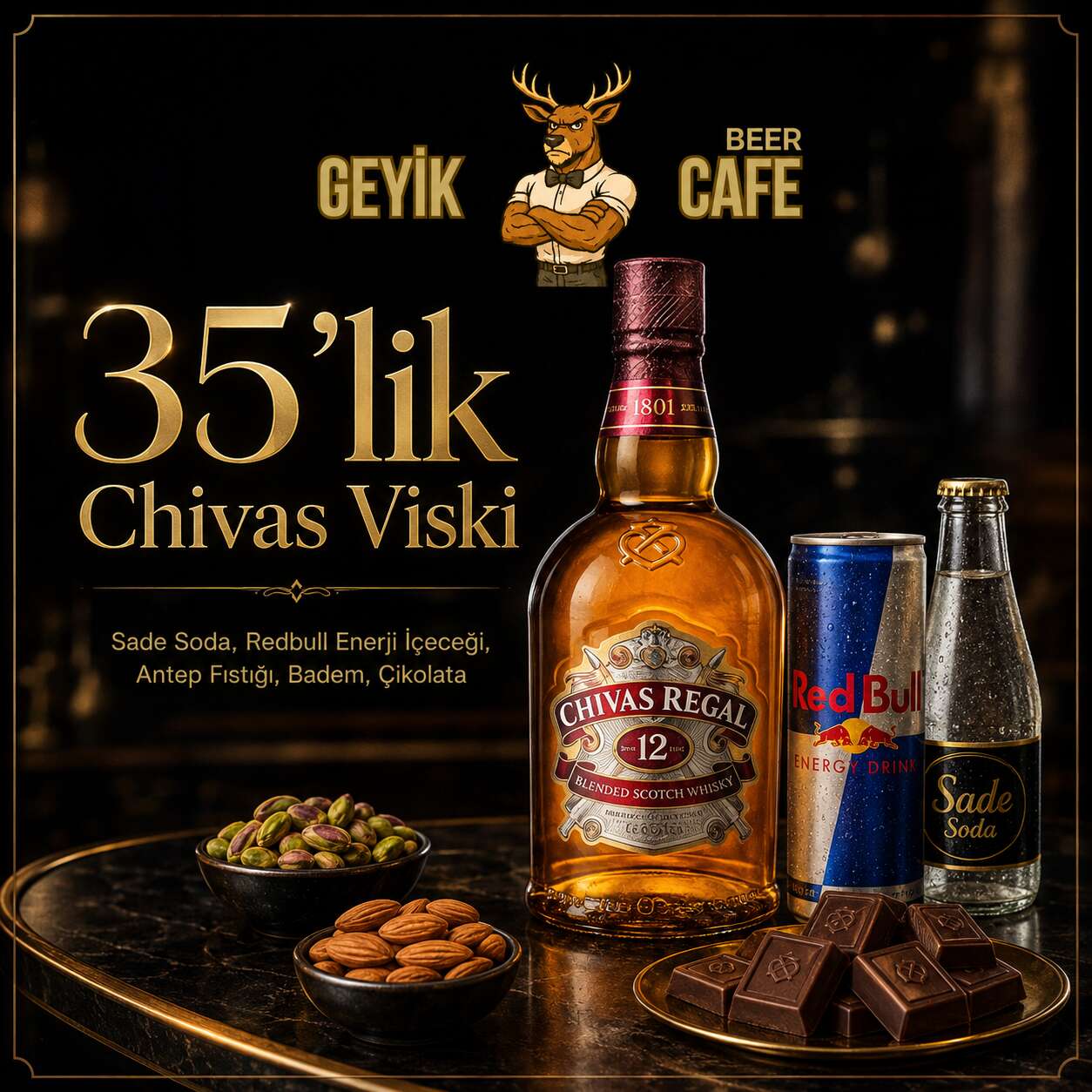 35 cl Chivas whisky, soda water, Red Bull energy drink, pistachios, almonds and chocolate