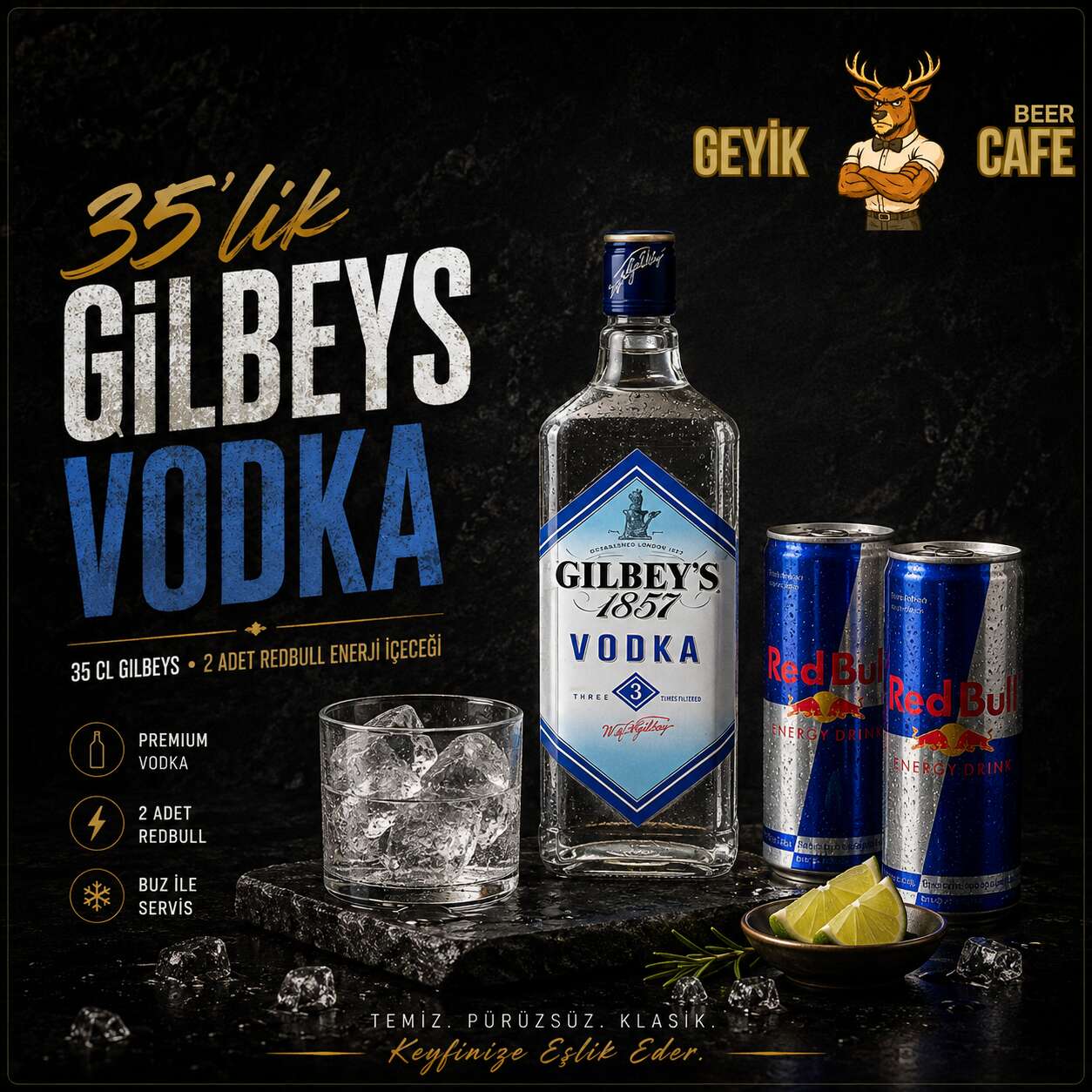 35 cl Gilbey's Vodka + 2 Red Bull Energy Drinks