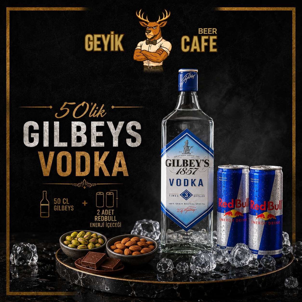 500 ml Gilbeys Vodka, 2 Red Bull Energy Drinks