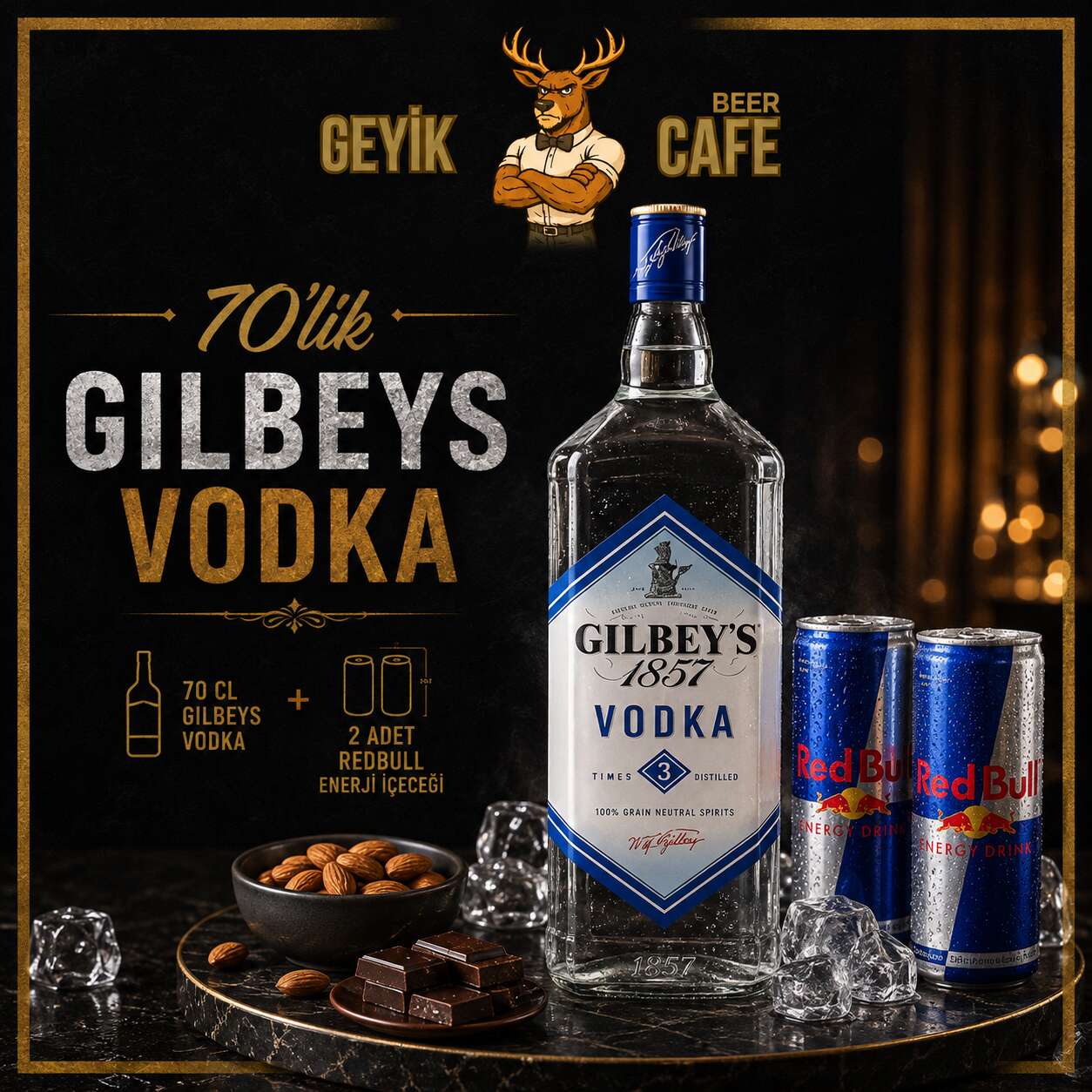 70 cl Gilbeys vodka, 2 Red Bull energy drinks