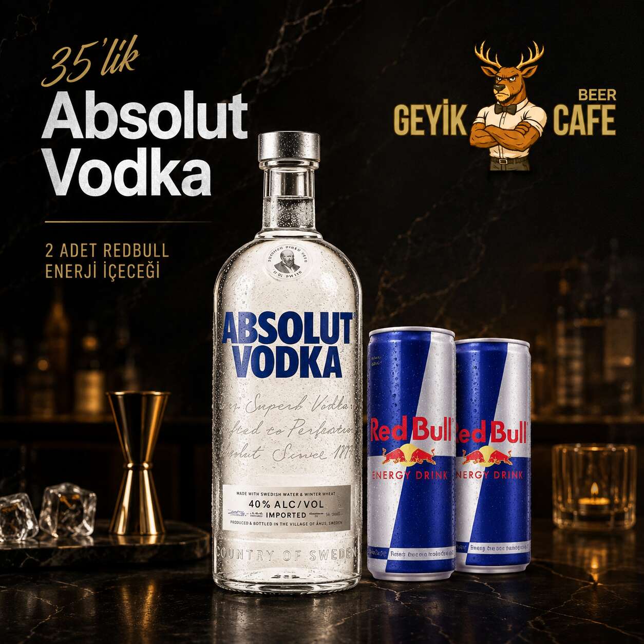 35 cl Absolut Vodka + 2 Red Bull Energy Drinks