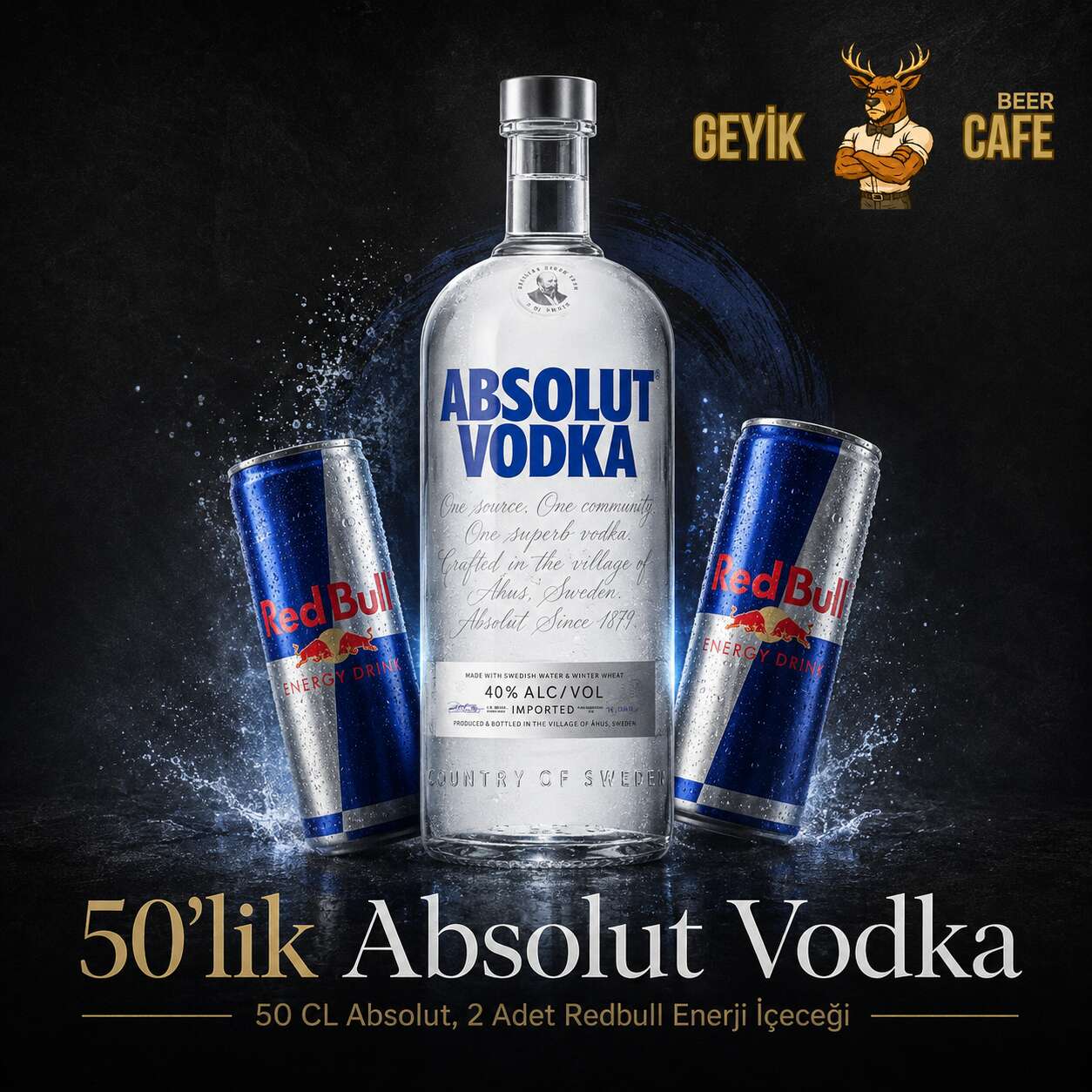 Absolut Vodka 50 cl + 2 Red Bull energy drinks