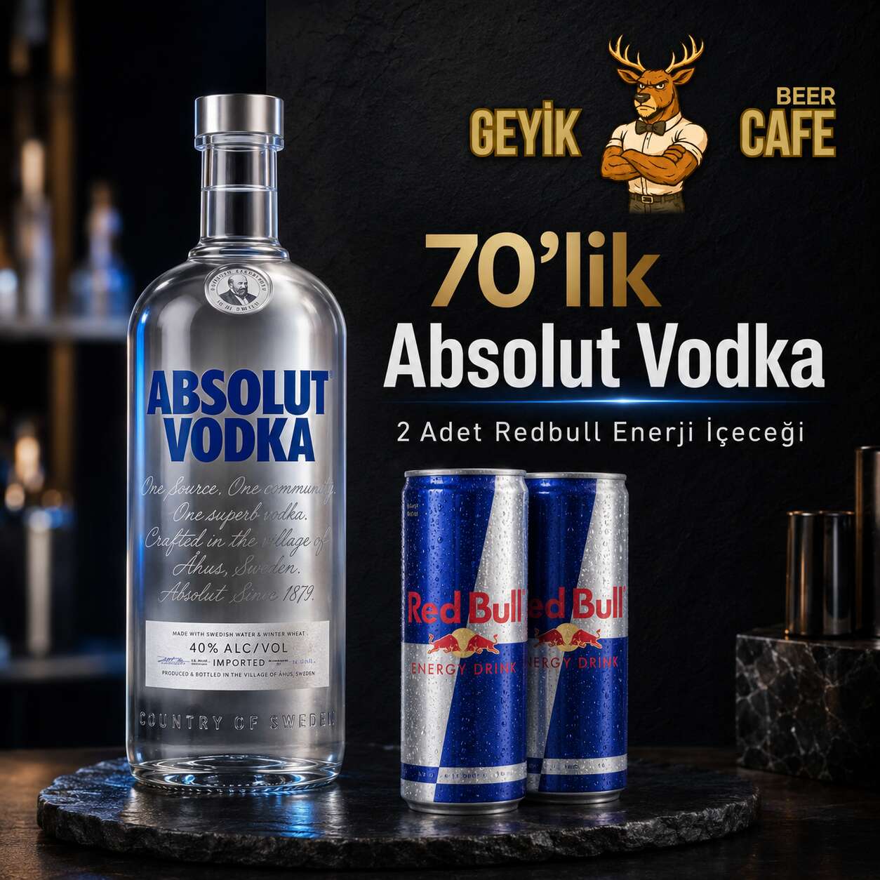 70 cl Absolut Vodka, 2 Red Bull Energy Drinks