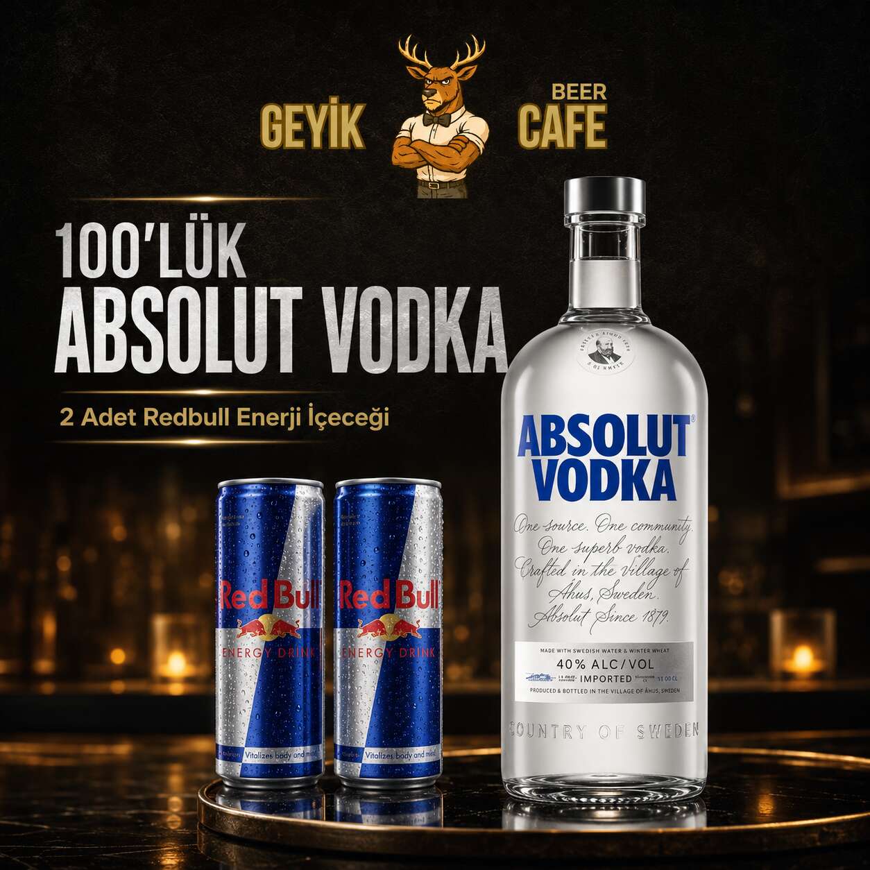 100 cl Absolut Vodka + 2 Red Bull energy drinks