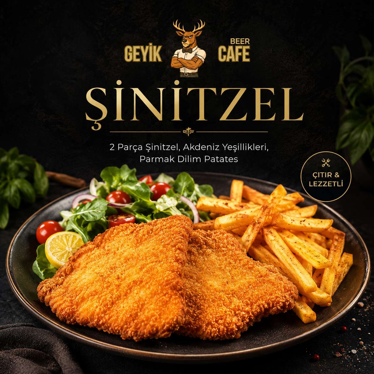 Chicken schnitzel with Mediterranean greens and steak-cut fries