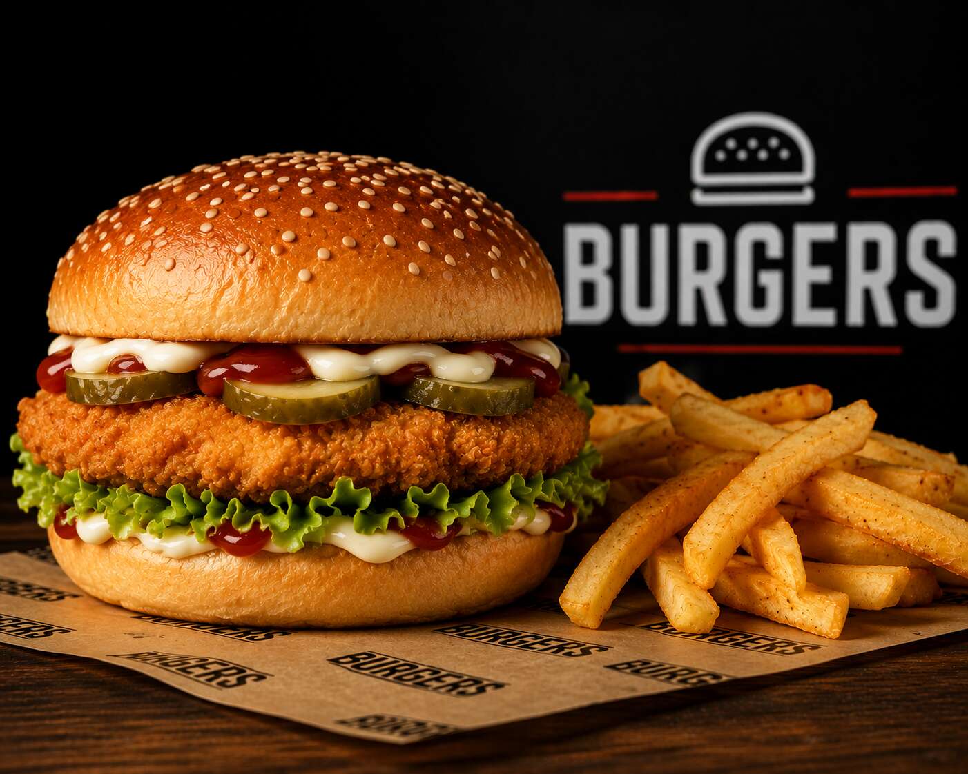 Chicken burger with homemade crispy chicken and chips