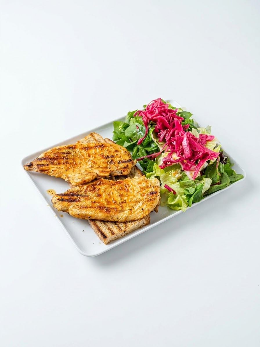 Grilled chicken breast with village bread and seasonal salad