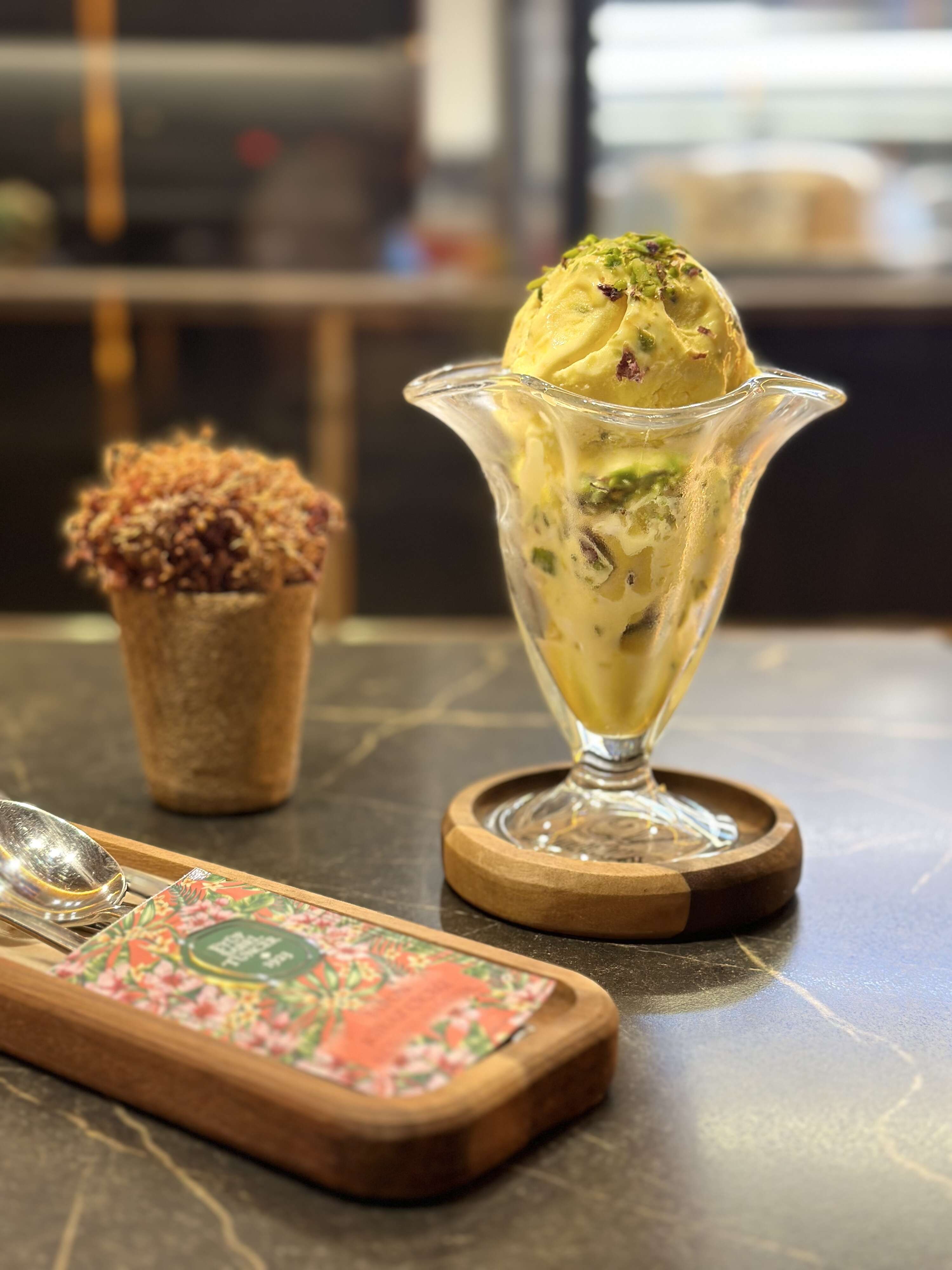 Handmade Iranian saffron ice cream with pistachio and kaymak