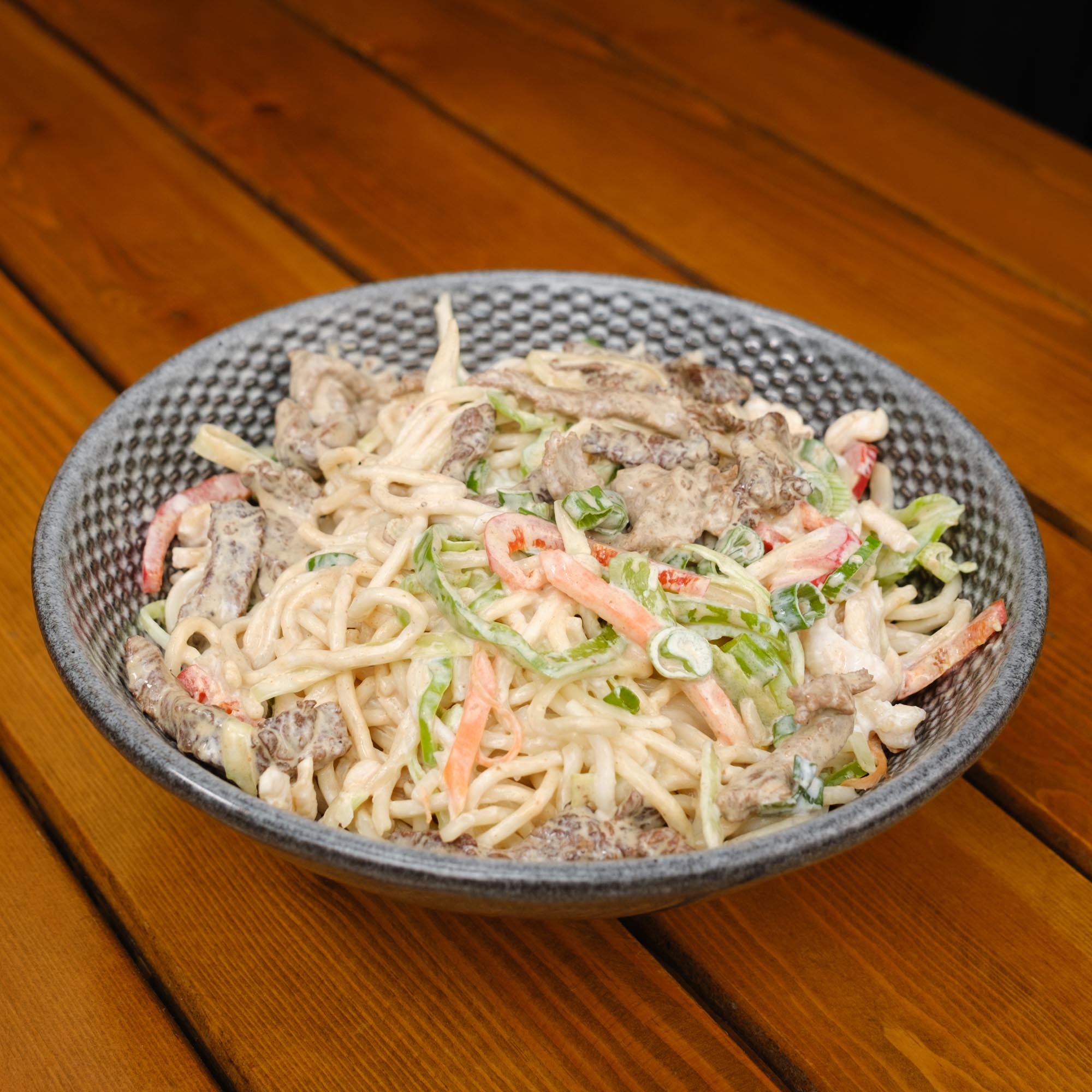 White creamy beef noodles
