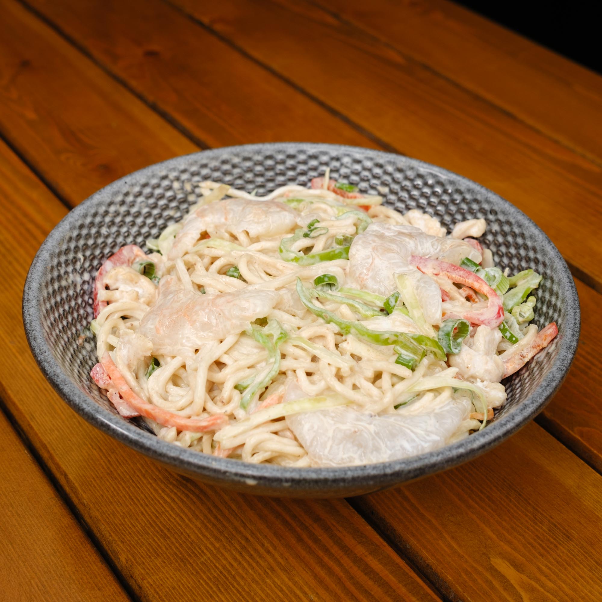 White creamy shrimp noodles