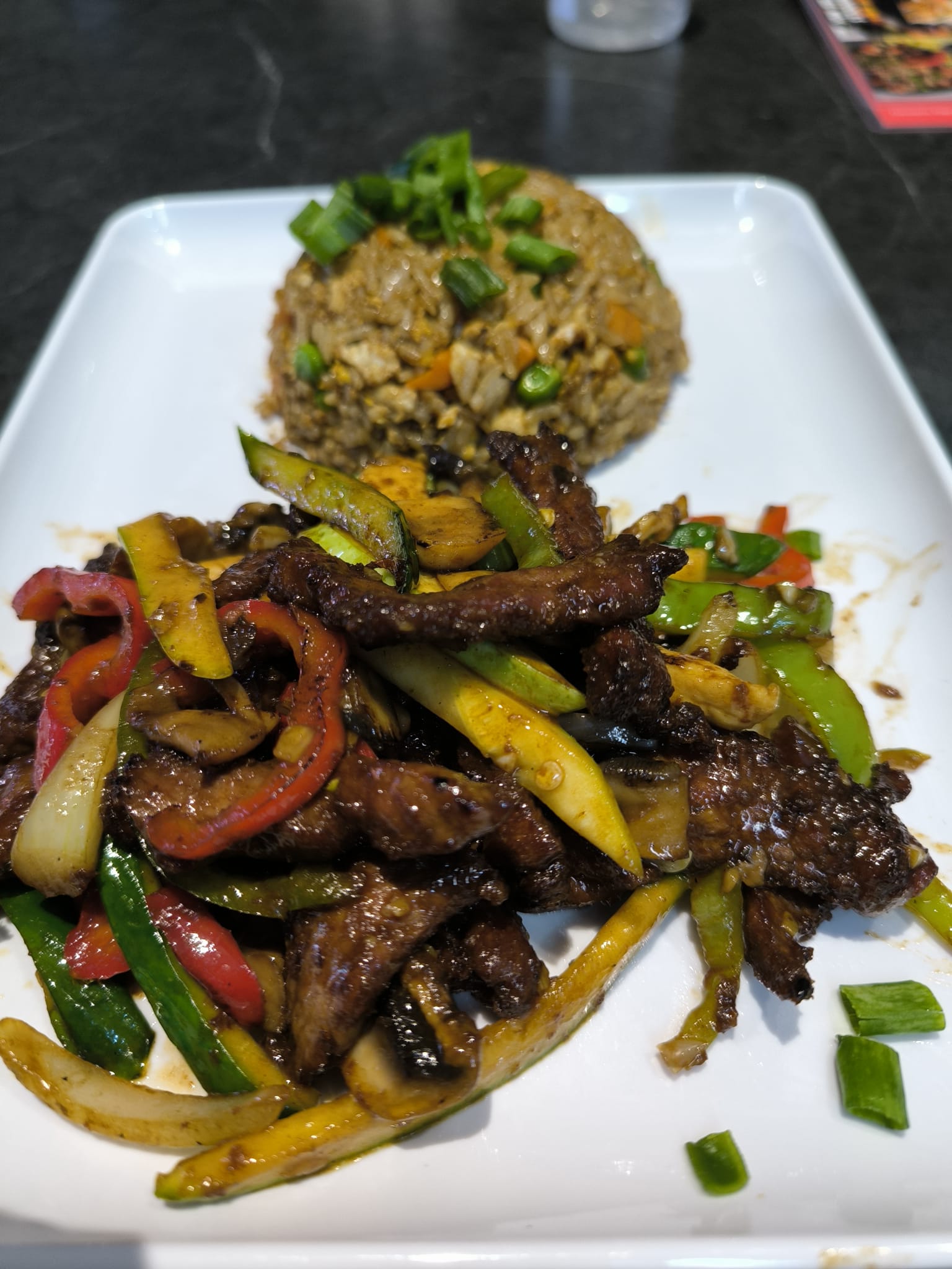 Asian Combo 1 – half portion of beef with mushrooms in oyster sauce and half portion of Chinese vegetable rice