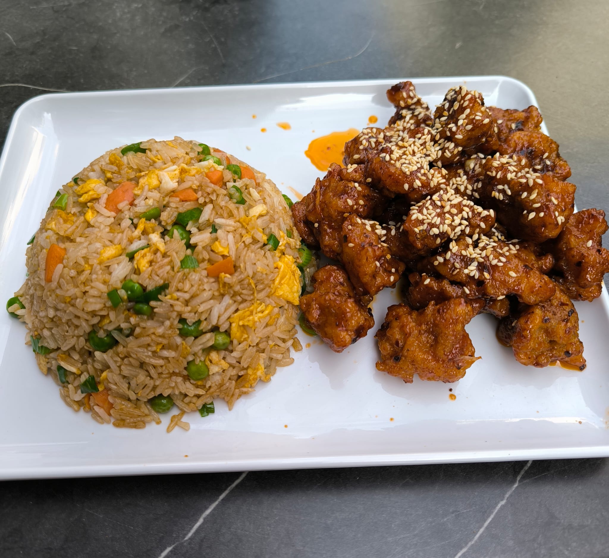 Asian Combo 2: General Tso Korean Chicken (half portion) and Chinese Vegetable Rice (half portion)